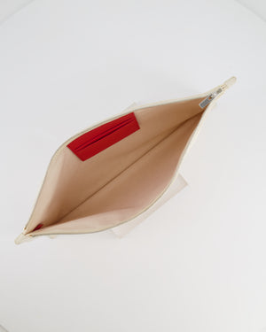 Celine Cream Canvas Pouch Bag with Red Printed Logo and Leather Trim Detail