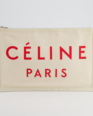 Celine Cream Canvas Pouch Bag with Red Printed Logo and Leather Trim Detail