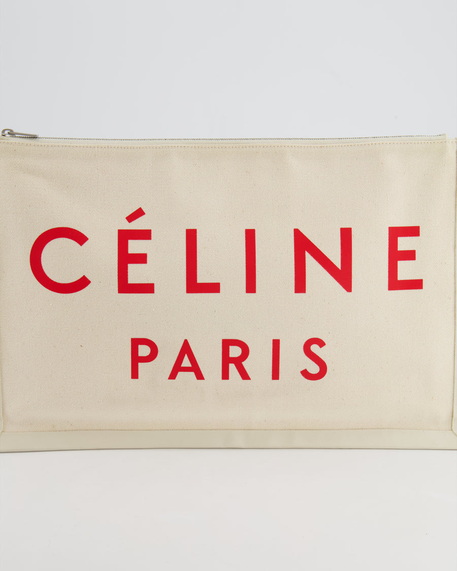 Celine Cream Canvas Pouch Bag with Red Printed Logo and Leather Trim Detail