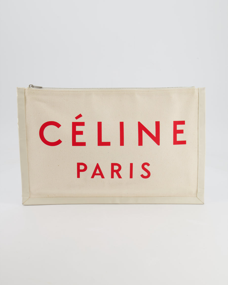 Celine Cream Canvas Pouch Bag with Red Printed Logo and Leather Trim Detail