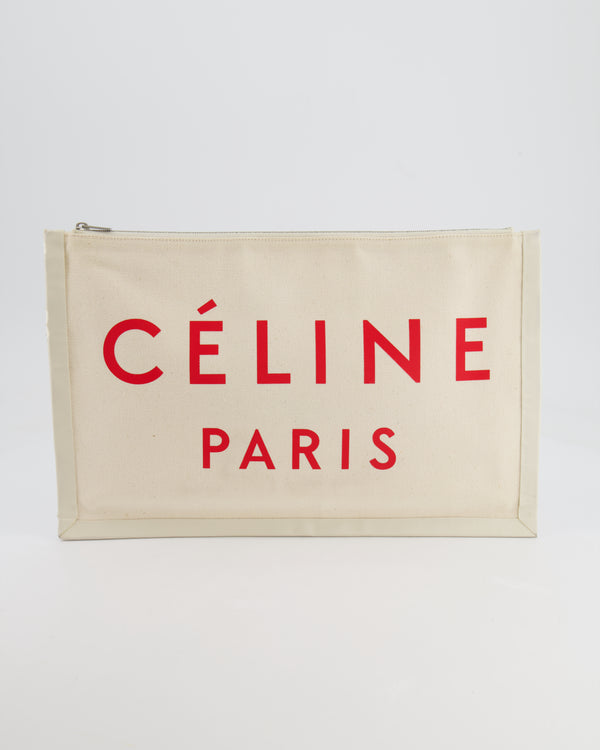 Celine Cream Canvas Pouch Bag with Red Printed Logo and Leather Trim Detail