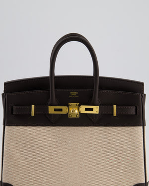 *RARE* Hermès Birkin 25 Retourne Bag in Ecru/Beige Toile H Canvas and Bai Brun Swift Leather with Gold Hardware