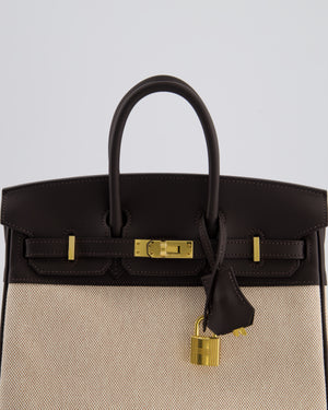 *RARE* Hermès Birkin 25 Retourne Bag in Ecru/Beige Toile H Canvas and Bai Brun Swift Leather with Gold Hardware