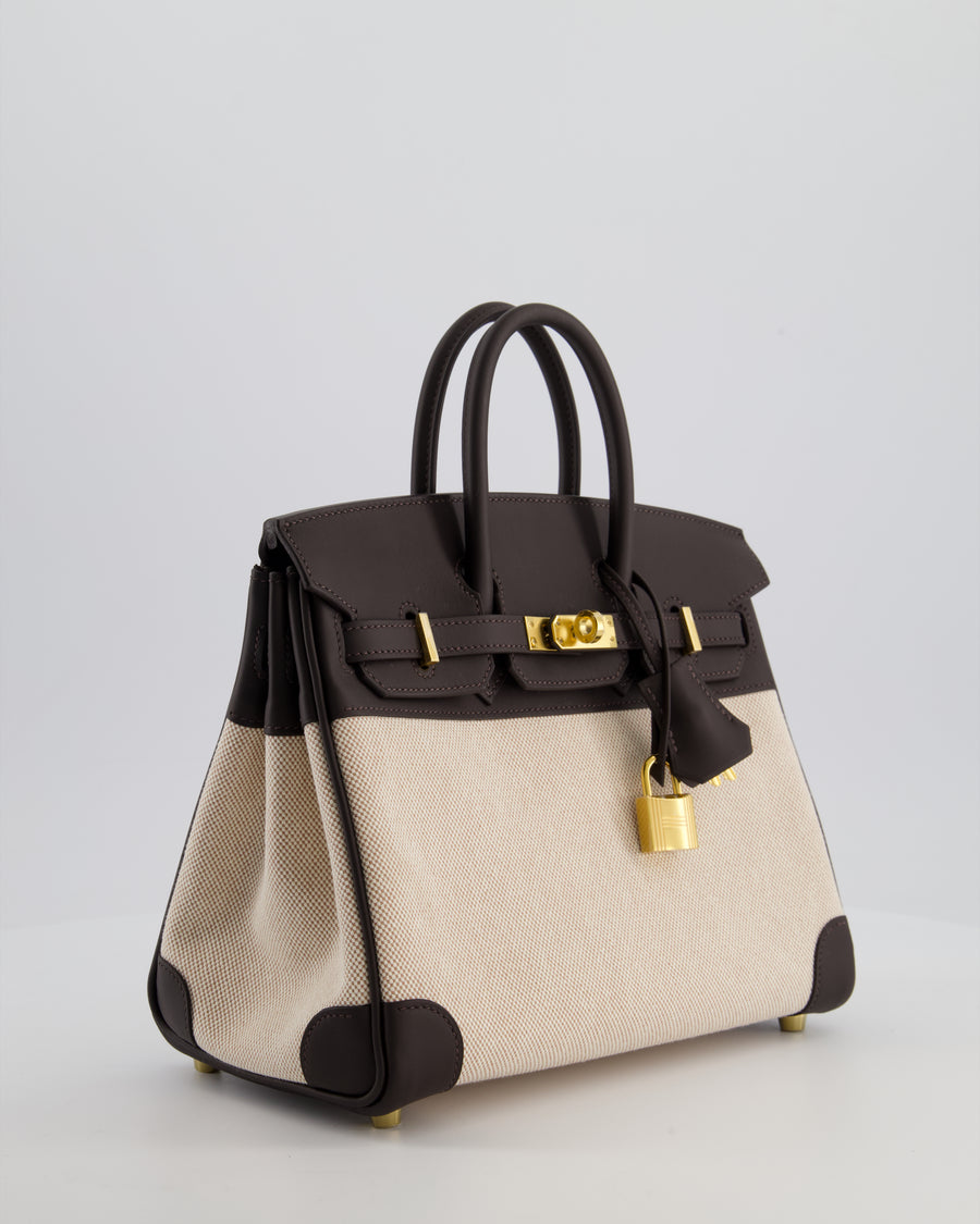 *RARE* Hermès Birkin 25 Retourne Bag in Ecru/Beige Toile H Canvas and Bai Brun Swift Leather with Gold Hardware