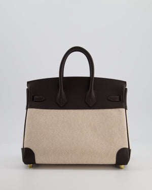 *RARE* Hermès Birkin 25 Retourne Bag in Ecru/Beige Toile H Canvas and Bai Brun Swift Leather with Gold Hardware