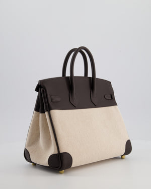 *RARE* Hermès Birkin 25 Retourne Bag in Ecru/Beige Toile H Canvas and Bai Brun Swift Leather with Gold Hardware