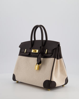 *RARE* Hermès Birkin 25 Retourne Bag in Ecru/Beige Toile H Canvas and Bai Brun Swift Leather with Gold Hardware