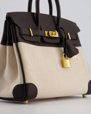 *RARE* Hermès Birkin 25 Retourne Bag in Ecru/Beige Toile H Canvas and Bai Brun Swift Leather with Gold Hardware