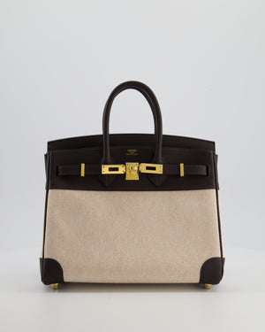 *RARE* Hermès Birkin 25 Retourne Bag in Ecru/Beige Toile H Canvas and Bai Brun Swift Leather with Gold Hardware