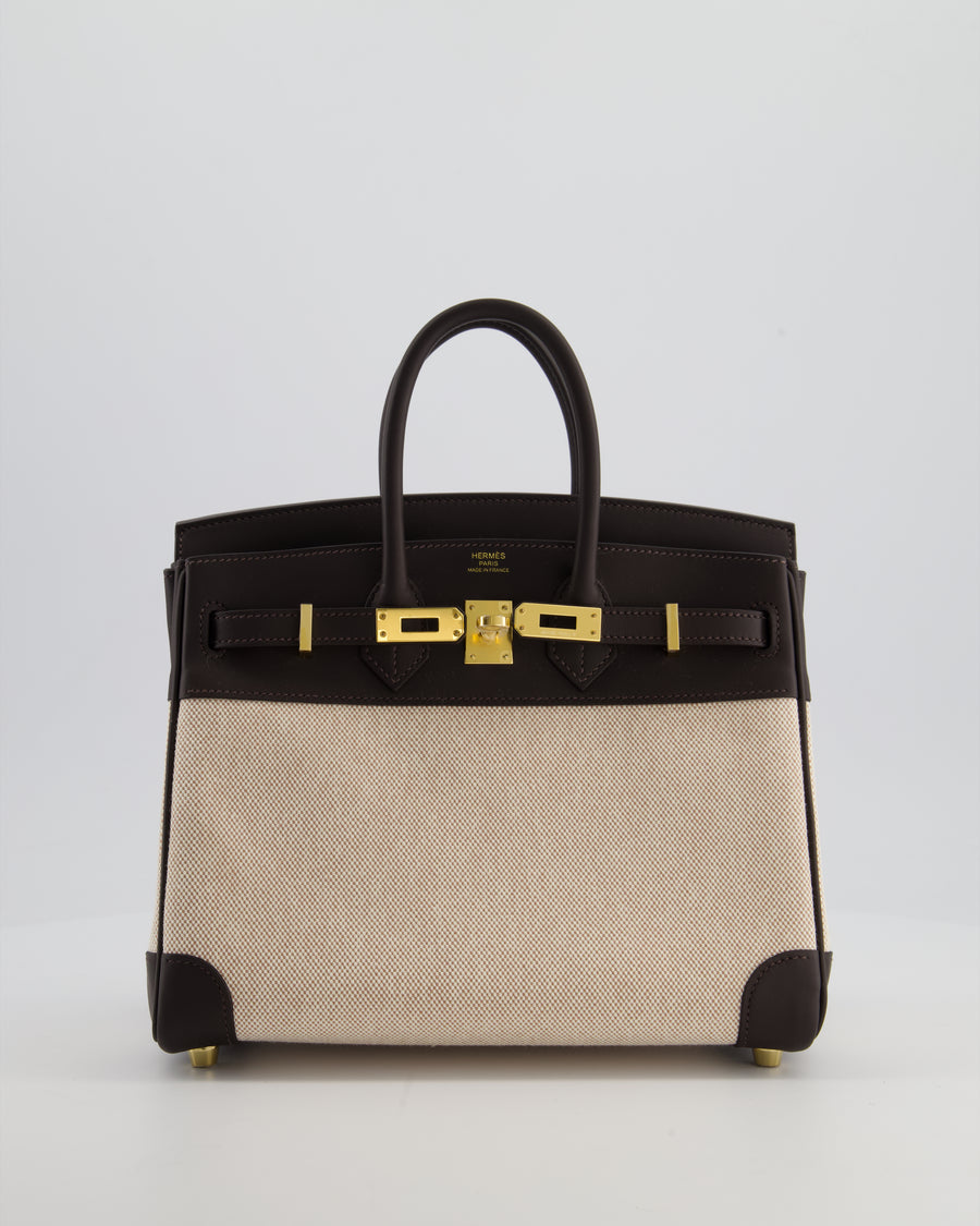 *RARE* Hermès Birkin 25 Retourne Bag in Ecru/Beige Toile H Canvas and Bai Brun Swift Leather with Gold Hardware
