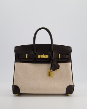 *RARE* Hermès Birkin 25 Retourne Bag in Ecru/Beige Toile H Canvas and Bai Brun Swift Leather with Gold Hardware