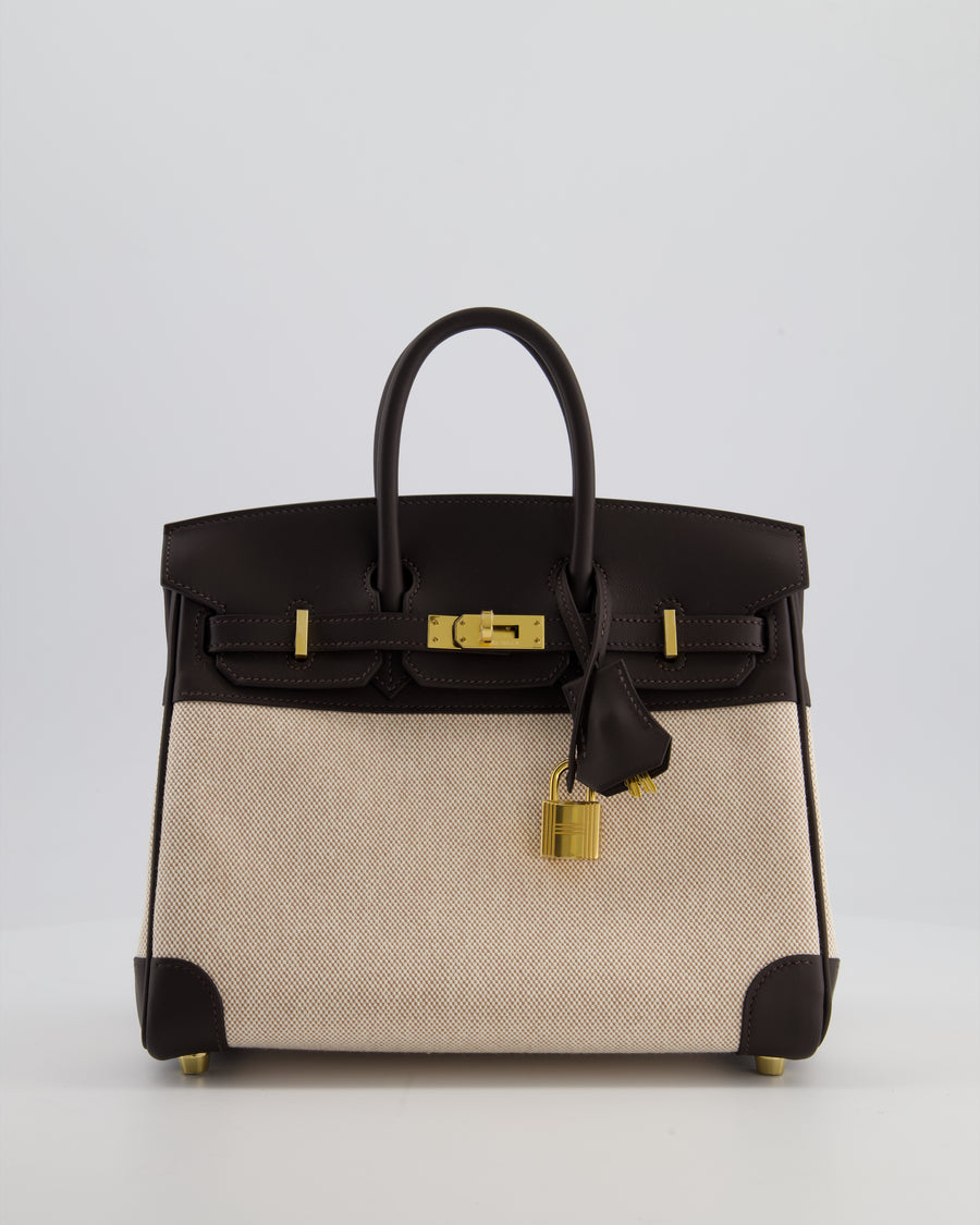 *RARE* Hermès Birkin 25 Retourne Bag in Ecru/Beige Toile H Canvas and Bai Brun Swift Leather with Gold Hardware