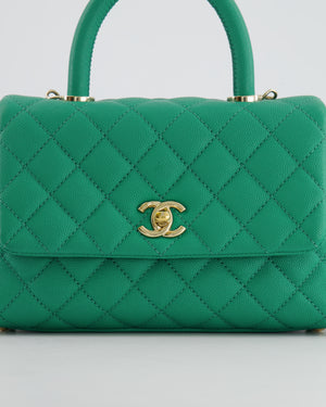 Chanel Green Mini Coco Flap Top Handle Bag in Caviar Quilted Leather with Champagne Gold Hardware
