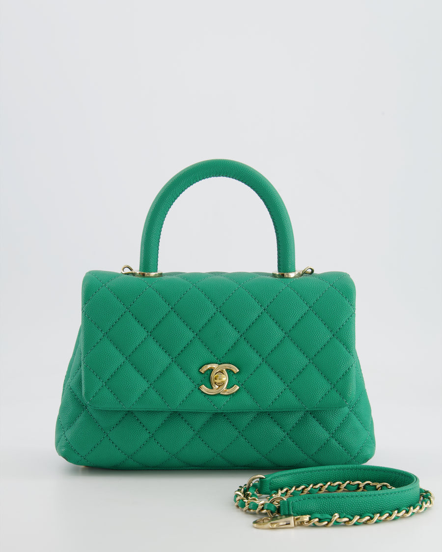 Chanel Green Mini Coco Flap Top Handle Bag in Caviar Quilted Leather with Champagne Gold Hardware
