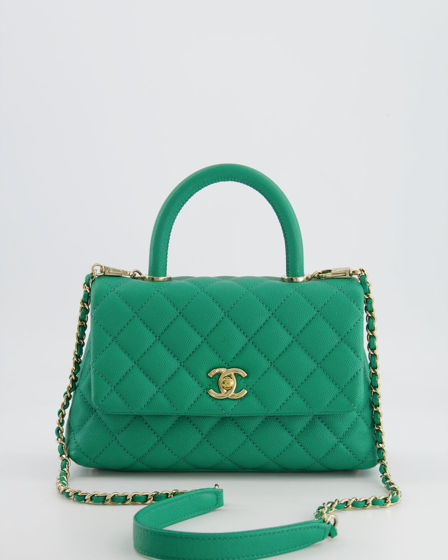 Chanel Green Mini Coco Flap Top Handle Bag in Caviar Quilted Leather with Champagne Gold Hardware