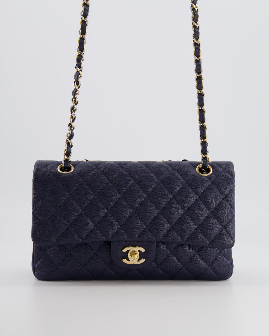 *RARE COLOUR* Chanel Classic Medium Double Flap Bag in Navy Blue Caviar Leather with Champagne Gold Hardware