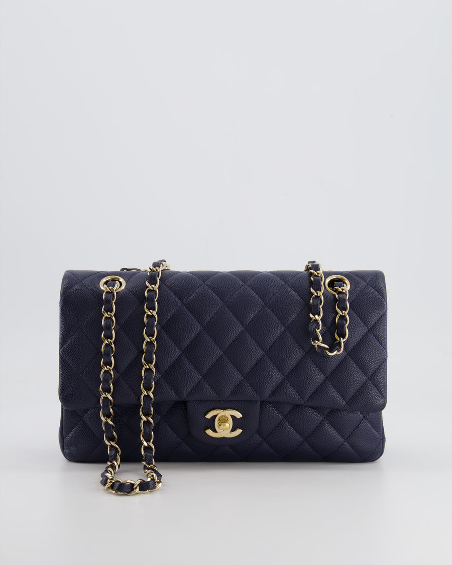 *RARE COLOUR* Chanel Classic Medium Double Flap Bag in Navy Blue Caviar Leather with Champagne Gold Hardware