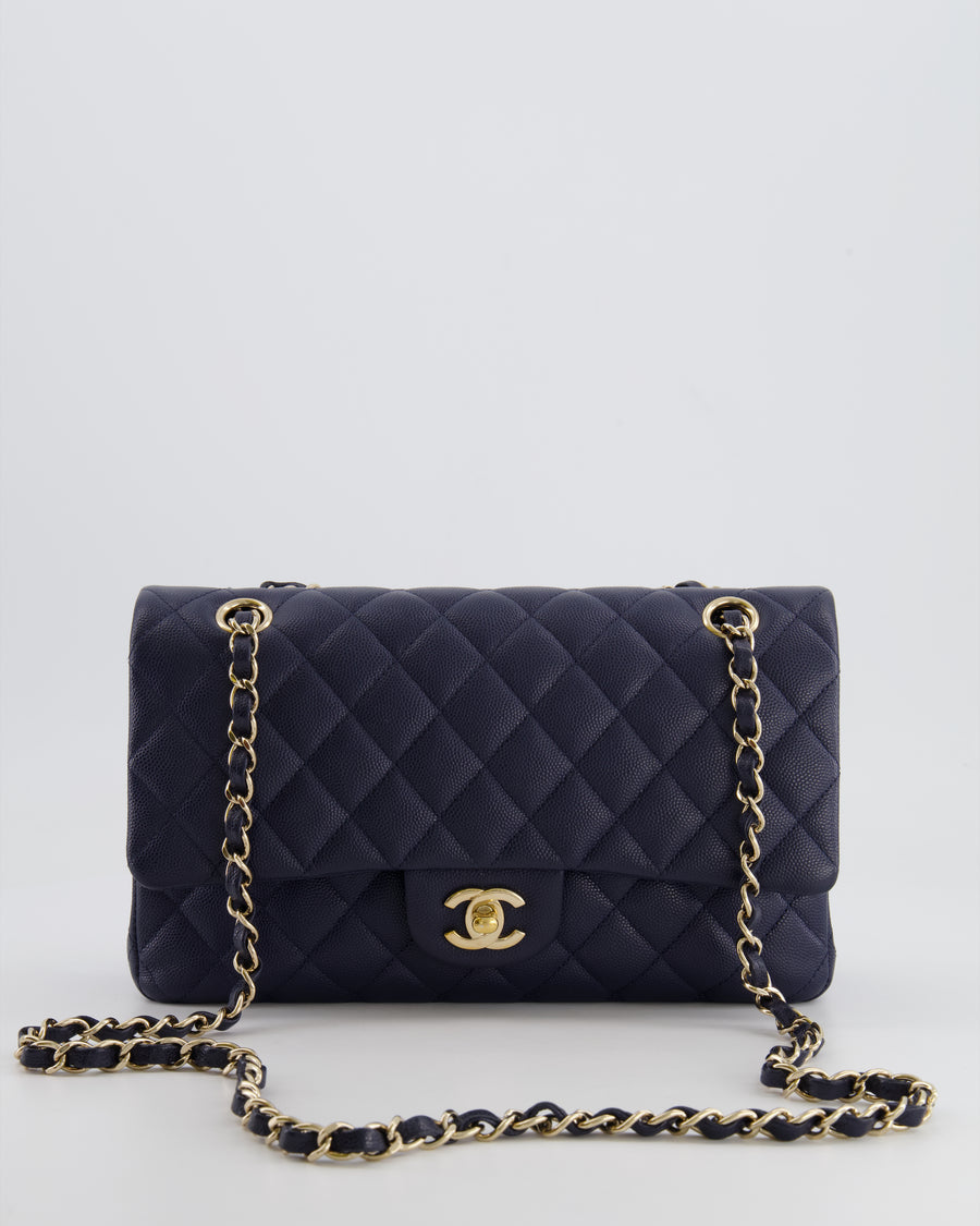 *RARE COLOUR* Chanel Classic Medium Double Flap Bag in Navy Blue Caviar Leather with Champagne Gold Hardware