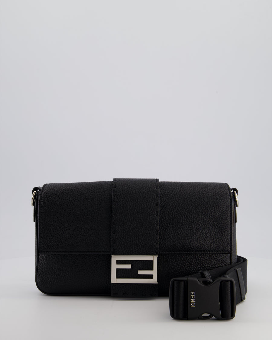 *MENSWEAR* Fendi Black Selleria Baguette Bag In Grained Leather with Silver Hardware