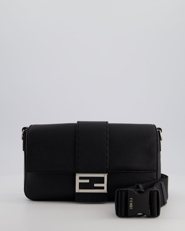 *MENSWEAR* Fendi Black Selleria Baguette Bag In Grained Leather with Silver Hardware