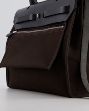 Hermès Herbag 31 Zip Bag in Ebene Toile Militaire Canvas and Black Vache Hunter Leather with Palladium Hardware
