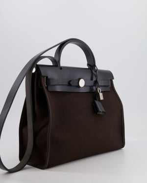 Hermès Herbag 31 Zip Bag in Ebene Toile Militaire Canvas and Black Vache Hunter Leather with Palladium Hardware