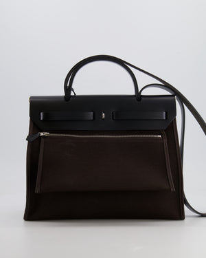 Hermès Herbag 31 Zip Bag in Ebene Toile Militaire Canvas and Black Vache Hunter Leather with Palladium Hardware