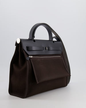 Hermès Herbag 31 Zip Bag in Ebene Toile Militaire Canvas and Black Vache Hunter Leather with Palladium Hardware