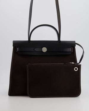 Hermès Herbag 31 Zip Bag in Ebene Toile Militaire Canvas and Black Vache Hunter Leather with Palladium Hardware