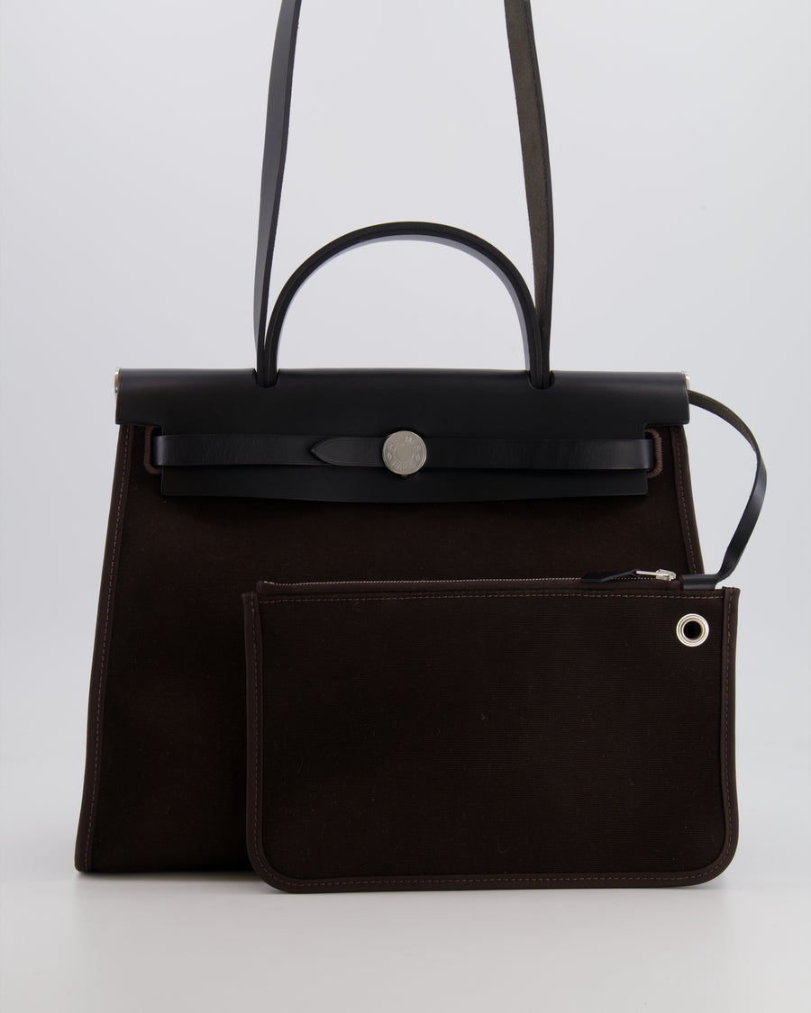 Hermès Herbag 31 Zip Bag in Ebene Toile Militaire Canvas and Black Vache Hunter Leather with Palladium Hardware