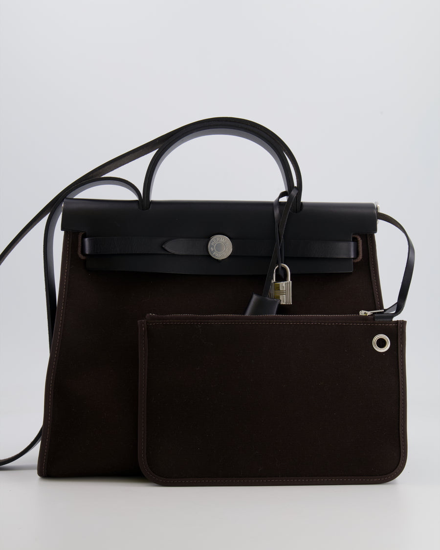 Hermès Herbag 31 Zip Bag in Ebene Toile Militaire Canvas and Black Vache Hunter Leather with Palladium Hardware
