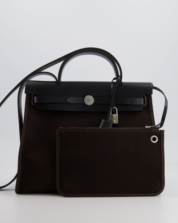 Hermès Herbag 31 Zip Bag in Ebene Toile Militaire Canvas and Black Vache Hunter Leather with Palladium Hardware