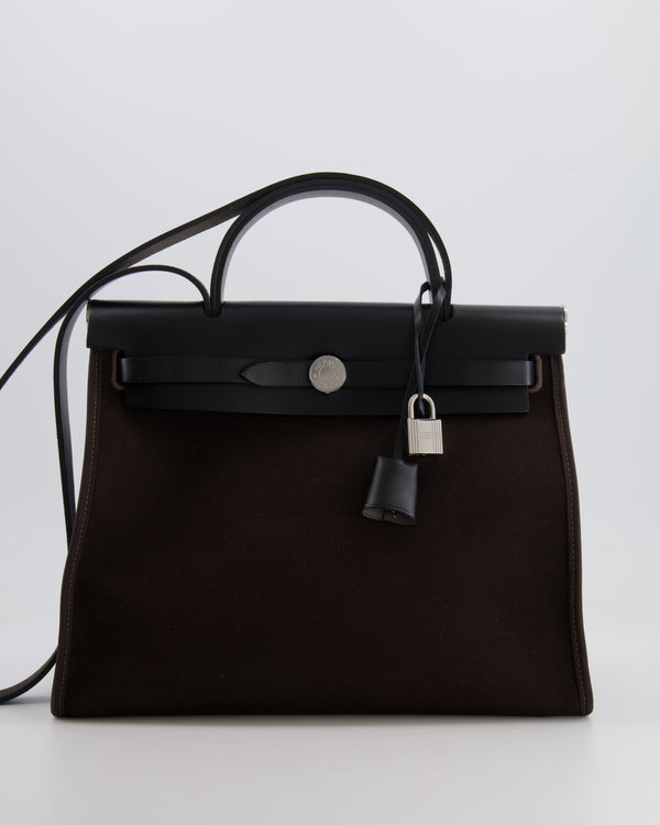 Hermès Herbag 31 Zip Bag in Ebene Toile Militaire Canvas and Black Vache Hunter Leather with Palladium Hardware