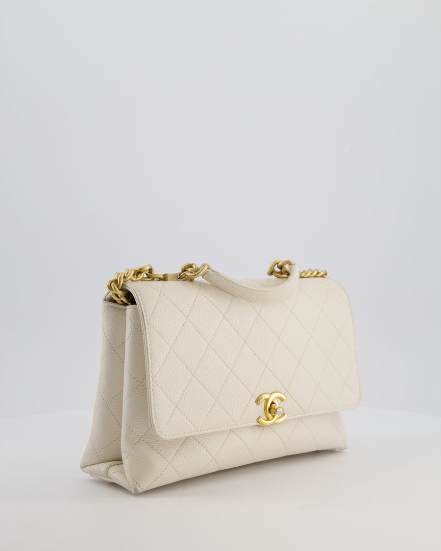 Chanel White Small Business Affinity Flap Bag in Caviar Leather with Champagne Gold Hardware