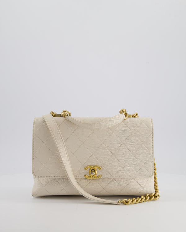 Chanel White Small Business Affinity Flap Bag in Caviar Leather with Champagne Gold Hardware