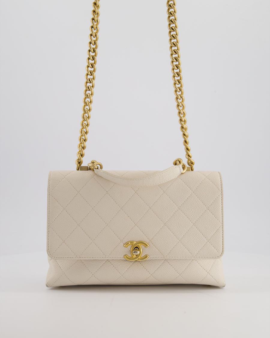 Chanel White Small Business Affinity Flap Bag in Caviar Leather with Champagne Gold Hardware