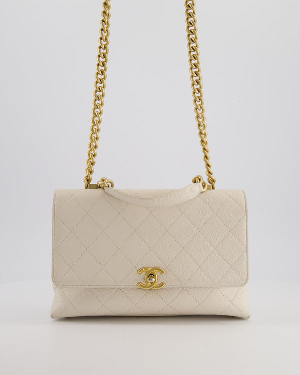 Chanel White Small Business Affinity Flap Bag in Caviar Leather with Champagne Gold Hardware