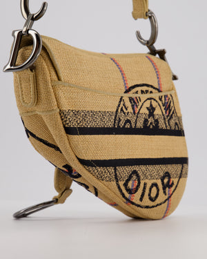 Christian Dior Medium Jute Canvas Embroidered Union Saddle Bag in Raffia Canvas with Ruthenium Hardware