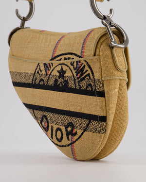 Christian Dior Medium Jute Canvas Embroidered Union Saddle Bag in Raffia Canvas with Ruthenium Hardware