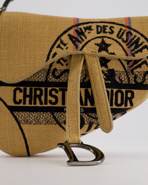 Christian Dior Medium Jute Canvas Embroidered Union Saddle Bag in Raffia Canvas with Ruthenium Hardware