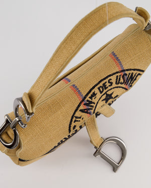 Christian Dior Medium Jute Canvas Embroidered Union Saddle Bag in Raffia Canvas with Ruthenium Hardware