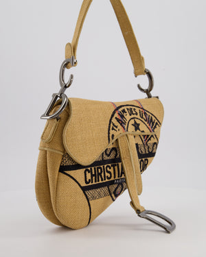 Christian Dior Medium Jute Canvas Embroidered Union Saddle Bag in Raffia Canvas with Ruthenium Hardware