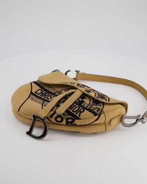 Christian Dior Medium Jute Canvas Embroidered Union Saddle Bag in Raffia Canvas with Ruthenium Hardware