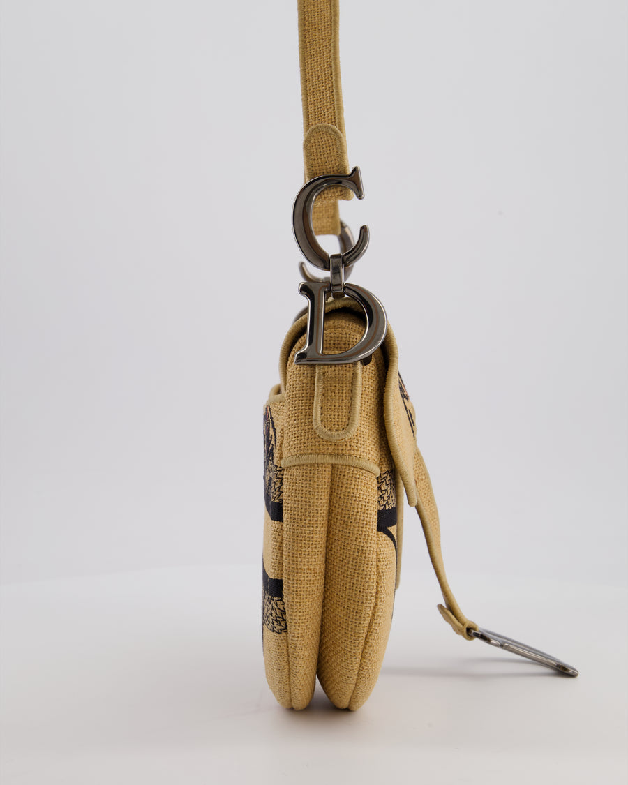Christian Dior Medium Jute Canvas Embroidered Union Saddle Bag in Raffia Canvas with Ruthenium Hardware