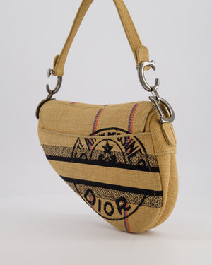 Christian Dior Medium Jute Canvas Embroidered Union Saddle Bag in Raffia Canvas with Ruthenium Hardware