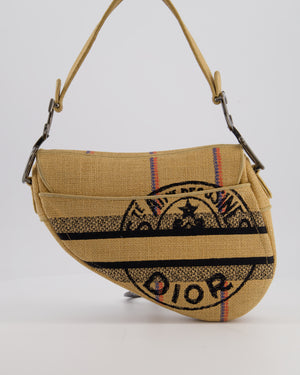 Christian Dior Medium Jute Canvas Embroidered Union Saddle Bag in Raffia Canvas with Ruthenium Hardware