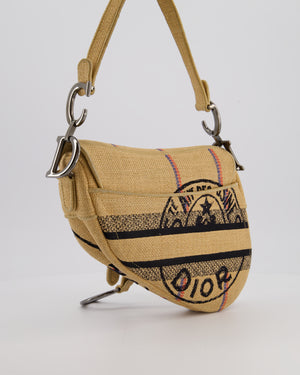 Christian Dior Medium Jute Canvas Embroidered Union Saddle Bag in Raffia Canvas with Ruthenium Hardware
