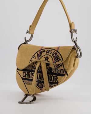 Christian Dior Medium Jute Canvas Embroidered Union Saddle Bag in Raffia Canvas with Ruthenium Hardware