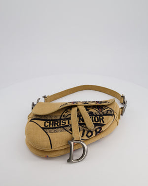 Christian Dior Medium Jute Canvas Embroidered Union Saddle Bag in Raffia Canvas with Ruthenium Hardware