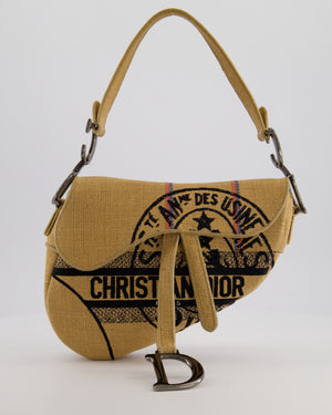 Christian Dior Medium Jute Canvas Embroidered Union Saddle Bag in Raffia Canvas with Ruthenium Hardware